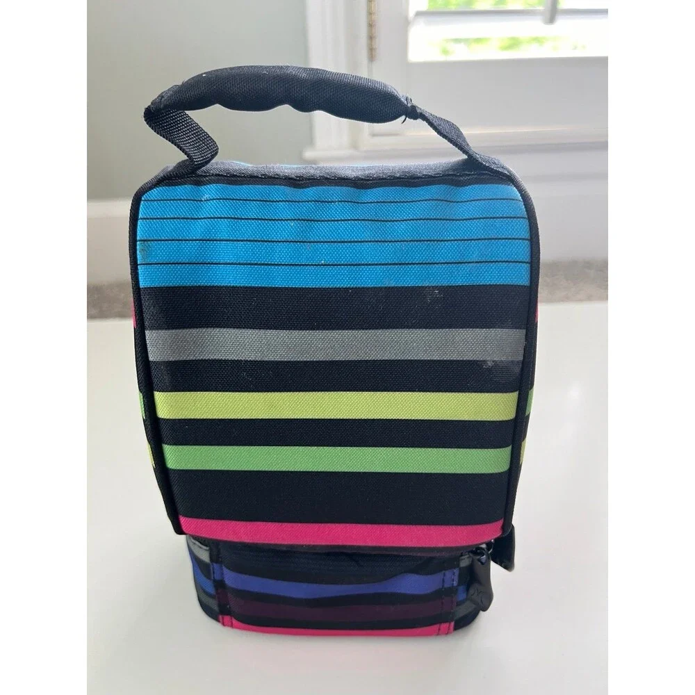 Kids Hurley Skate Black Striped 2 Pouch Insulated School Work Lunch Bag Tote - Picture 3 of 8
